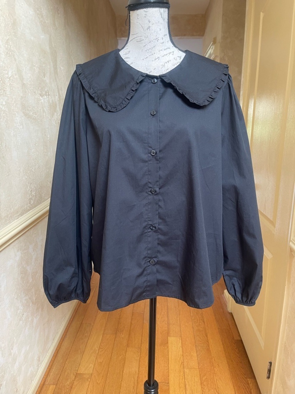 A New Day NWT Black Ruffle Peter Pan Collar Blouse Puff Sleeve Cotton Top XL - Picture 3 of 12